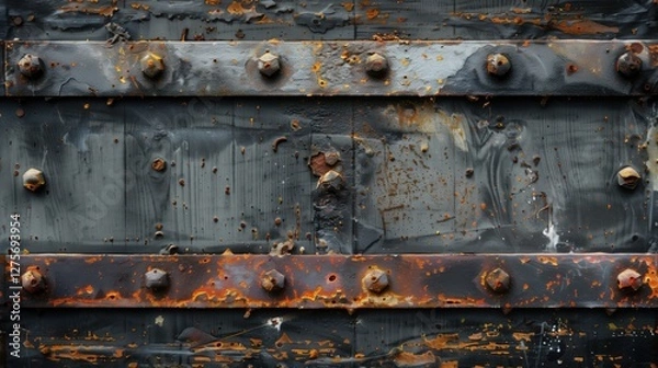 Fototapeta An aged metal surface displaying rust and wear, with prominent rivets visible. The texture suggests long-term exposure to weather, creating an industrial yet artistic appearance
