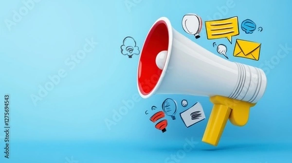 Fototapeta White Megaphone with Pixel Art Communication Icons on Light Blue Background