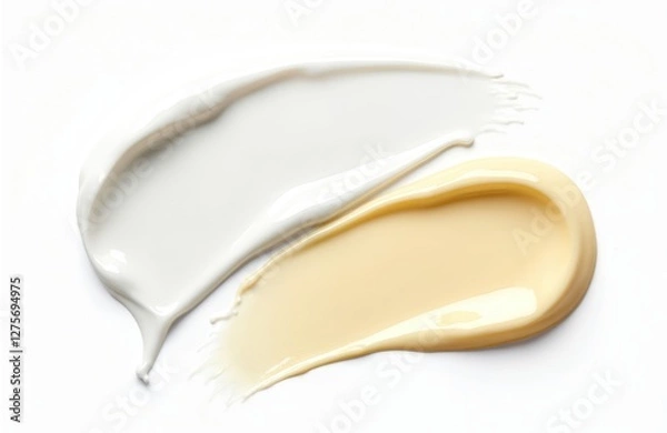 Fototapeta Smear of white and yellow skin cream on background. Liquid cosmetic beauty product texture for face or body care, smooth, oil colours, dripped light.