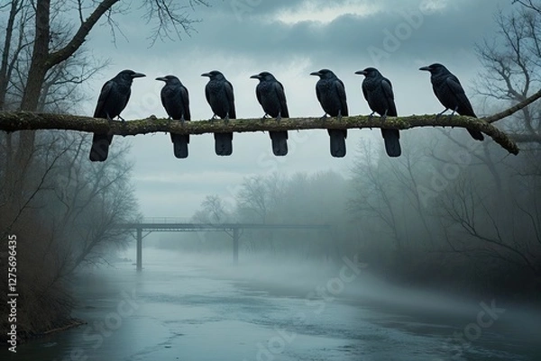 Fototapeta Crows Resting on Tree Branches Over a Misty River Beneath a Dramatic Sky