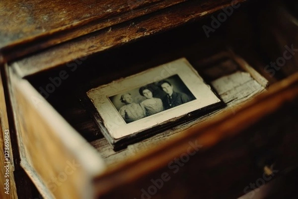 Obraz A vintage family photograph rests in an old drawer, evoking nostalgia and a connection to treasured memories and history.