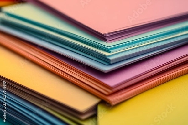 Obraz A colorful stack of paper forms a harmonious palette, each sheet slightly askew, celebrating creativity and vibrant organization.