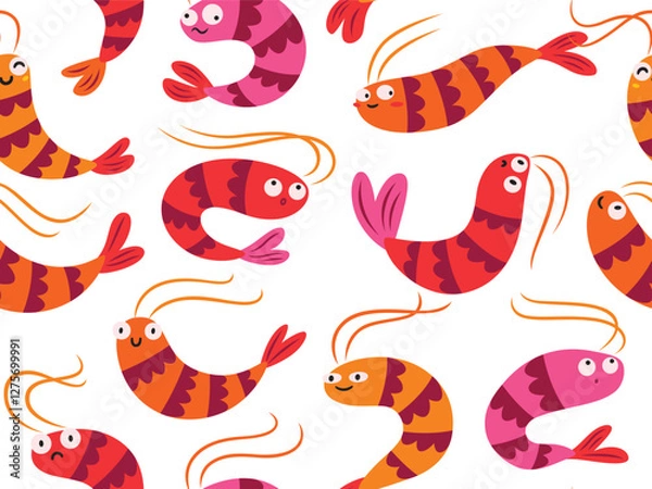 Fototapeta Seamless pattern with cartoon shrimps on white
