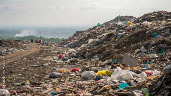 Fototapeta landfill site filled with waste and pollution, showcasing environmental issues