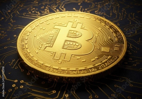 Fototapeta Golden Bitcoin Coin Detail on a Circuit Board Background