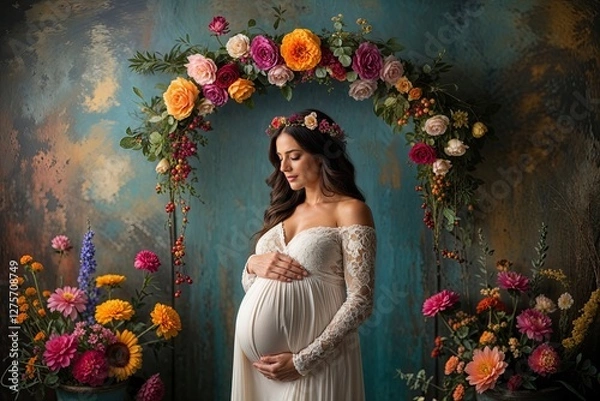 Fototapeta Eclectic Floral Maternity Photo Backdrop with Artistic Wall Design