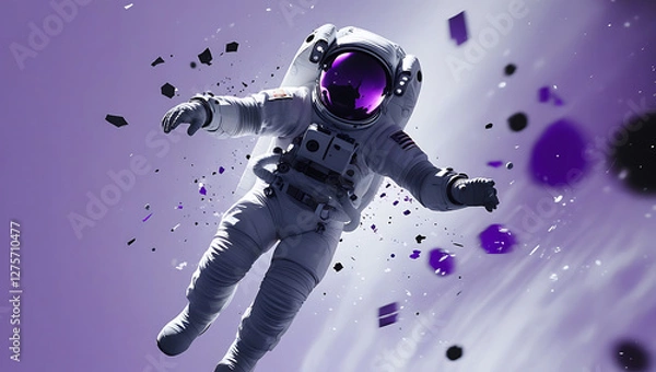 Fototapeta  Astronaut Floating in a Surreal Cosmic Dreamscape: A Fantasy Sci-Fi Scene of Space Exploration with Gravity-Defying Motion and Shattered Debris in a Futuristic Alien World