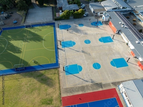 Fototapeta Aerial view of school sports courts. Students play basketball on the concrete courts. Different sports are available. TAKAPUNA, AUCKLAND, NEW ZEALAND