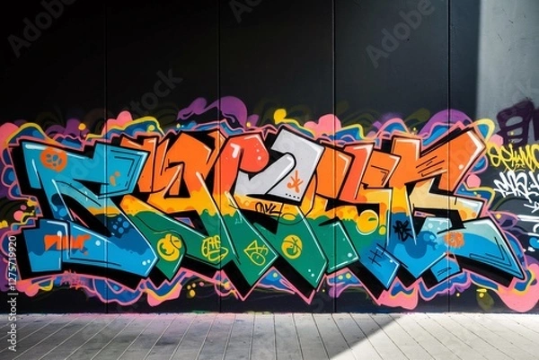 Obraz Colorful Graffiti Mural with Abstract Shapes, Symbols, and Letters on Urban Wall