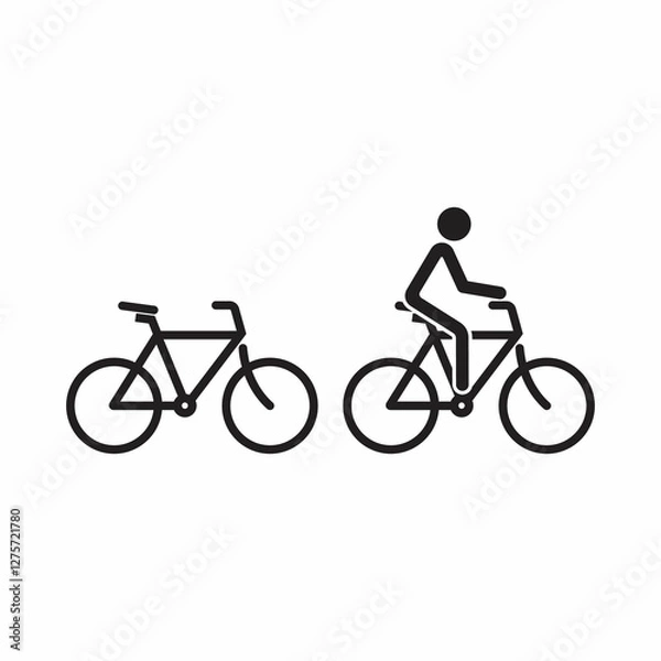 Fototapeta Stickman with cycle to school or work. Bike icon, Stick figure man on bicycle. Flat vector cyclist sign, Sport logo