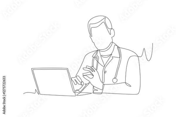 Fototapeta Doctor is consulting with patient via video call. Virtual consultation with doctors over video call concept one-line drawing