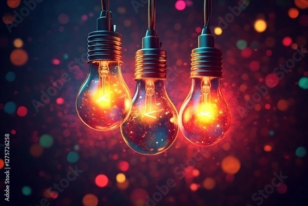 Fototapeta Hanging light bulbs, glowing brightly, bokeh background, inspiration