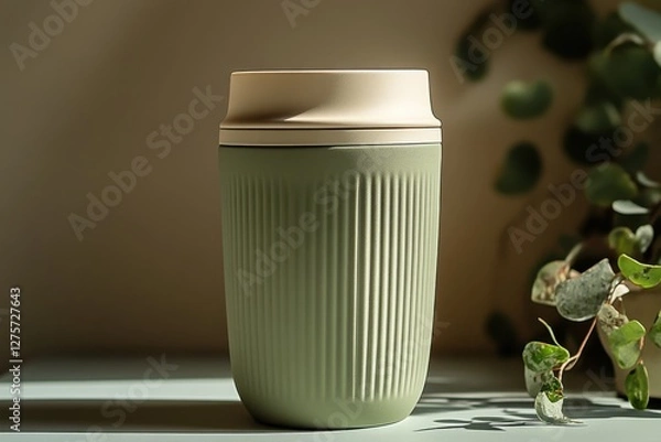 Fototapeta Stylish reusable coffee cup on a table with natural light highlighting its textured surface and soft green color