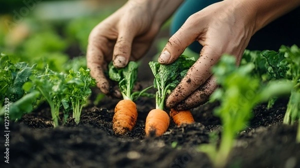 Fototapeta Close-Up of Hands Gently Inspecting Organically Grown Carrots