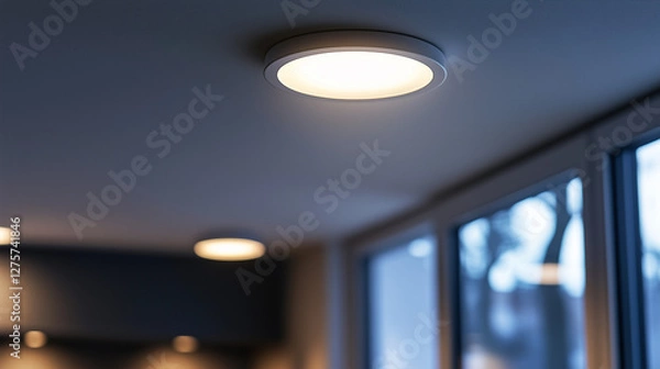 Fototapeta A close-up of an LED downlight installed on a gray ceiling, showcasing its sleek and modern design.

