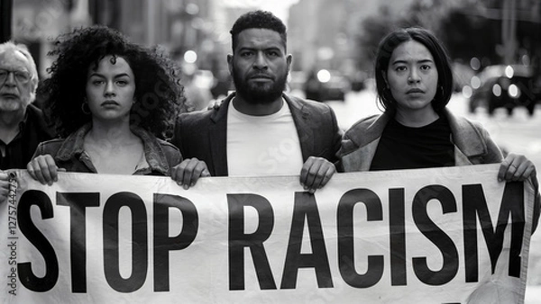 Fototapeta black and white photography Urban Protestors Holding Anti-Racism Banner