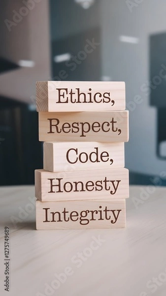 Fototapeta wooden blocks stacked vertically on a light surface display "ETHICS," "RESPECT," "CODE," "HONESTY," and "INTEGRITY" in dark brown font. A blurred office background emphasizes ethical business values