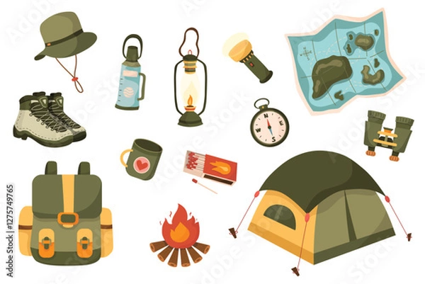 Fototapeta Collection of illustrations of hiking and camping, hiking boots, camping tent, backpack, hiking bag, hiking hat, match box etc.