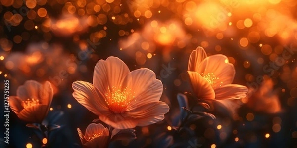 Fototapeta Beautiful orange flowers glistening in soft golden light, creating a warm and enchanting atmosphere.