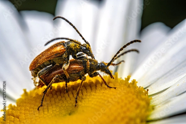Obraz Macro Shot of Two Beetles Mating on a Daisy