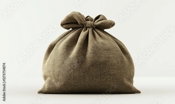 Fototapeta A textured brown fabric bag tied at the top, resting on a neutral background, suggesting storage