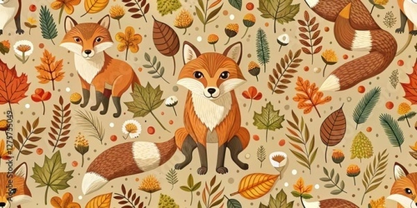 Fototapeta Detailed fox in a seamless forest pattern with autumn leaves, acorns and mushrooms, mushrooms, forests,  mushrooms