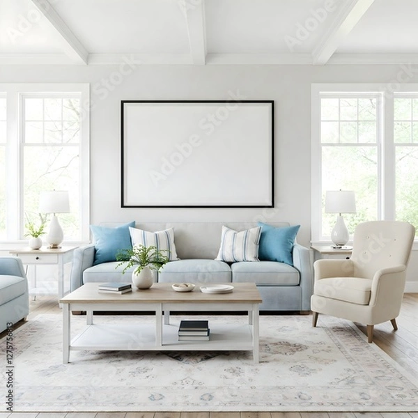 Fototapeta Frame mockup, ISO A paper size. Living room wall poster mockup. Interior mockup with house background. Modern interior design. 3D render