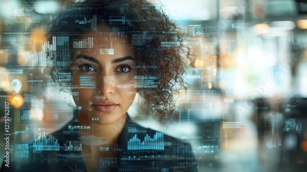 Fototapeta Confident Woman Analyzing Data Through Futuristic Interface