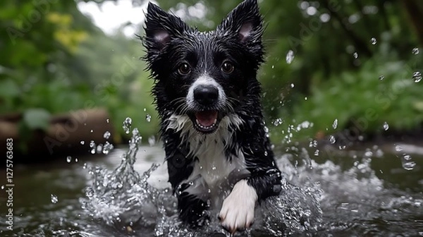 Fototapeta Happy Border Collie splashing in woodland stream