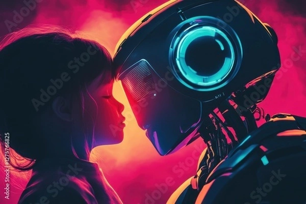 Fototapeta Futuristic Connection: Child Interacting with Humanoid Robot in Neon Glow