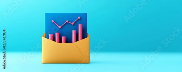 Fototapeta An envelope with a rising graph inside, symbolizing financial growth, communication, and data analysis against a bright blue background.