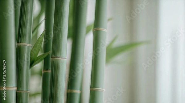 Fototapeta Tranquil bamboo forest with sunlight glimmering nature scene lush environment close-up