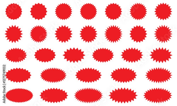 Fototapeta Starburst red sticker set - collection of special offer sale round and oval sunburst labels and buttons. Stickers and badges with star edges for promo advertising.