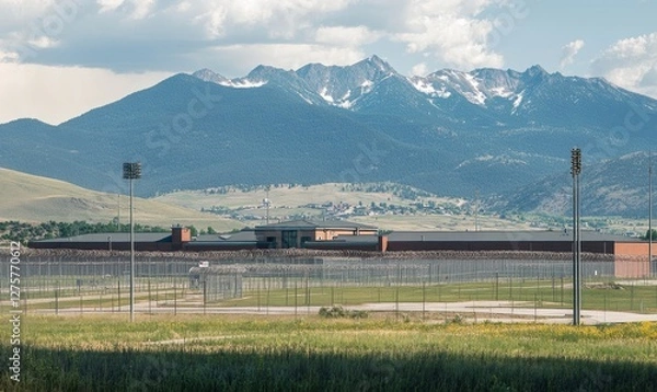 Fototapeta Prison facility with mountains in background on a sunny day.
