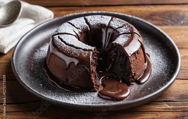 Fototapeta Indulgent Molten Chocolate Lava Cake Plated on a Rustic Wooden Table with Drizzled Chocolate Sauce and Cocoa Powder