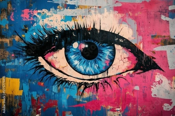 Obraz Colorful graffiti-style artwork featuring a striking blue eye painted on a vibrant background