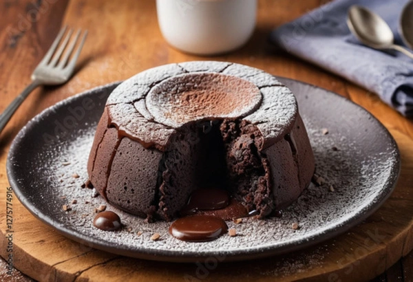 Fototapeta Chocolate Lava Cake Plated on a Rustic Wooden Table with Powdered Sugar and Melted Center