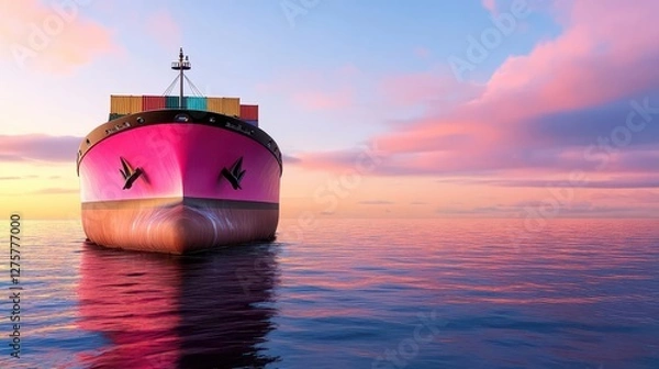 Obraz Pink and green container ship sailing on the ocean under a clear blue sky
