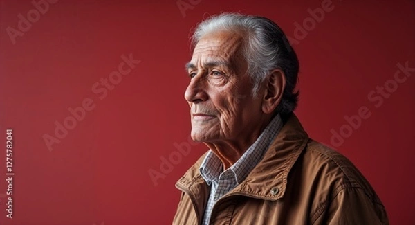 Fototapeta Elderly Hispanic man in plain red background brown jacket side view portrait
