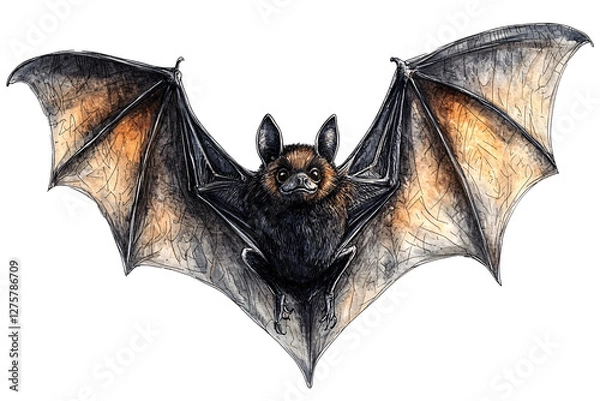 Fototapeta An intricately illustrated bat showcasing its detailed wings and expressive face. Ideal for nature-related projects, Halloween themes, or educational resources.