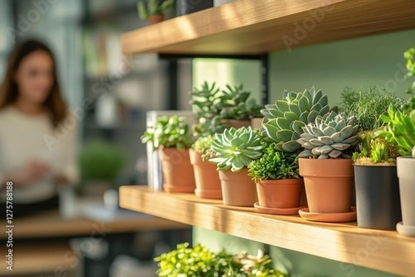 Fototapeta Sunlit succulent plants in terracotta pots adorn a wooden shelf, adding a touch of nature to the indoor space.