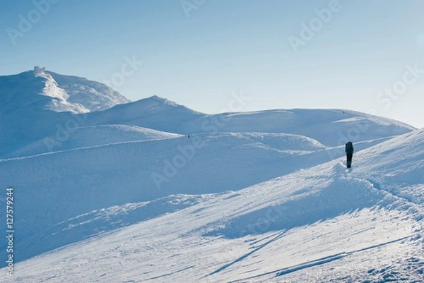 Fototapeta Single tourist climb to the snow-capped mountain top in the Carp