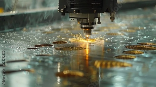 Fototapeta Precision metalworking  automated laser machine cutting metal sheets in a modern industrial facility