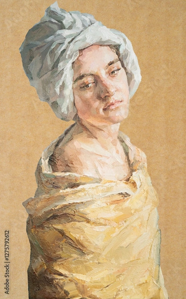 Fototapeta .GIRL with a scarf on her head. Portrait of a woman on a cardboard background. Oil painting on canvas.