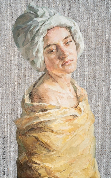Fototapeta .GIRL with a scarf on her head. Portrait of a woman on a cardboard background. Oil painting on canvas.