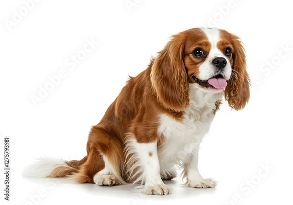 Fototapeta Cavalier King Charles Spaniel dog, on 100% white background, sitting