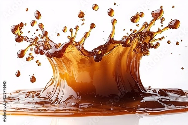 Fototapeta A dynamic splash of brown liquid against a clean white background, capturing the energetic motion and vibrant droplets of the liquid. Perfect for food and beverage themes.