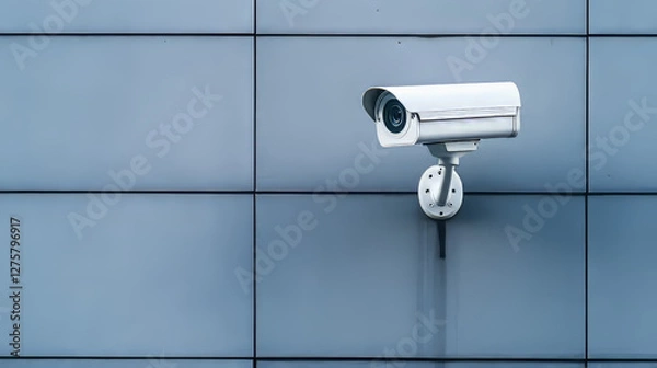 Fototapeta 3d vector white safety security video spy camera. Cctv system equipment illustration for watch and recording hidden on street building wall. Realistic header concept for protect and observe privacy