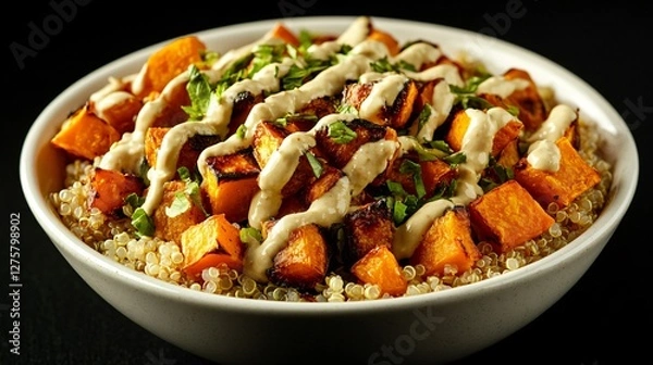 Fototapeta A steaming hot quinoa and roasted veggie bowl, with golden-brown sweet potatoes and a drizzle of tahini sauce, isolated on a matte black background