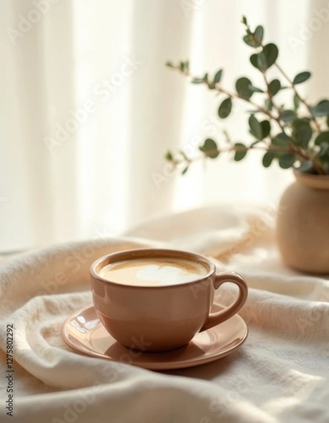 Fototapeta Beige cup of coffee on saucer with heart latte art. Coffee table covered with rustic tablecloth. Vase with eucalyptus branch. Cozy morning coffee still life.